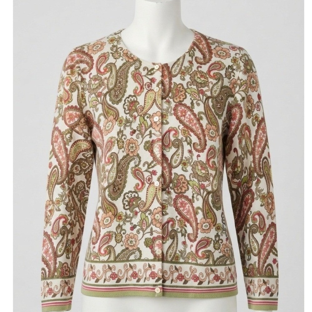 Alfred Dunner Vintage Paisley Floral Cardigan Sweater XL Pink Green Ramie Cotton